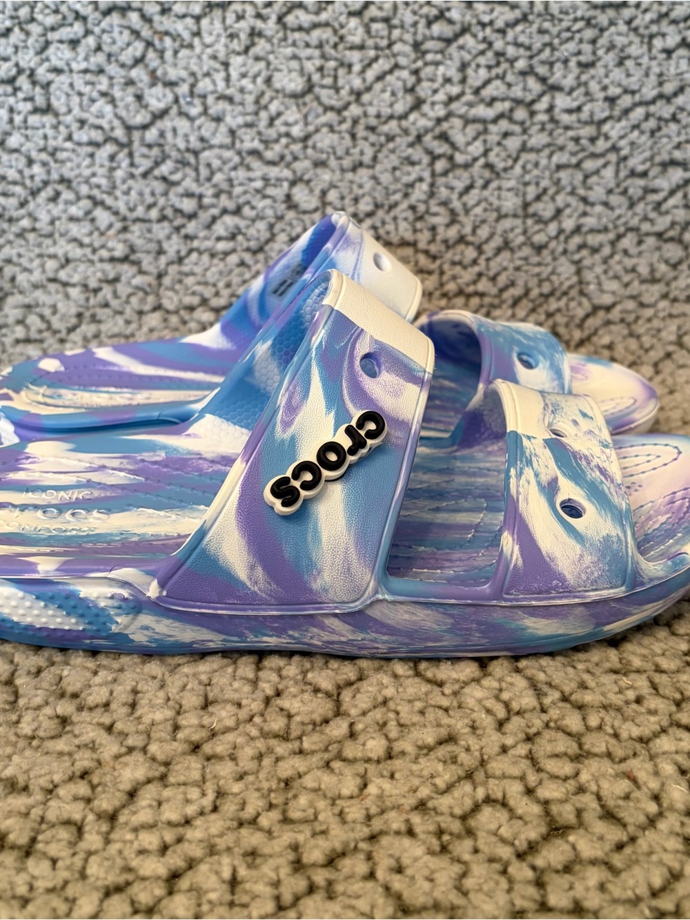 Crocs Slide Sandals Women's 9 Purple Blue Marbled Tie Dye Comfort Slides Beach